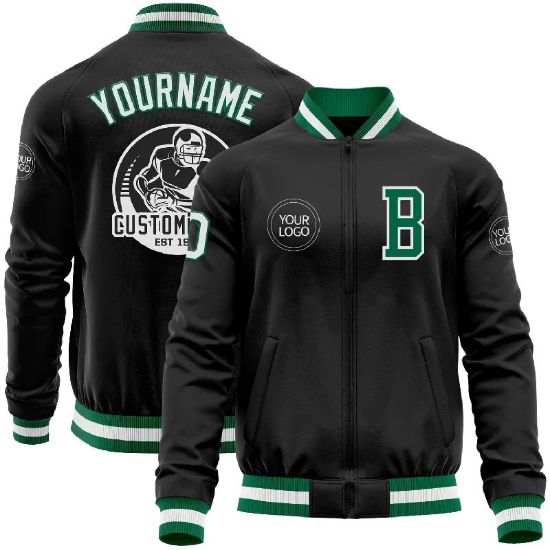 Comfortable And Stylish Unisex Outfits Luxury Casual Deals Custom Black Kelly Green-White Bomber Varsity Letterman Zipper Jacket Comfortable And Stylish Unisex Outfits Luxury Casual Deals Custom Black Kelly Green-White Bomber Varsity Letterman Zipper Jacket