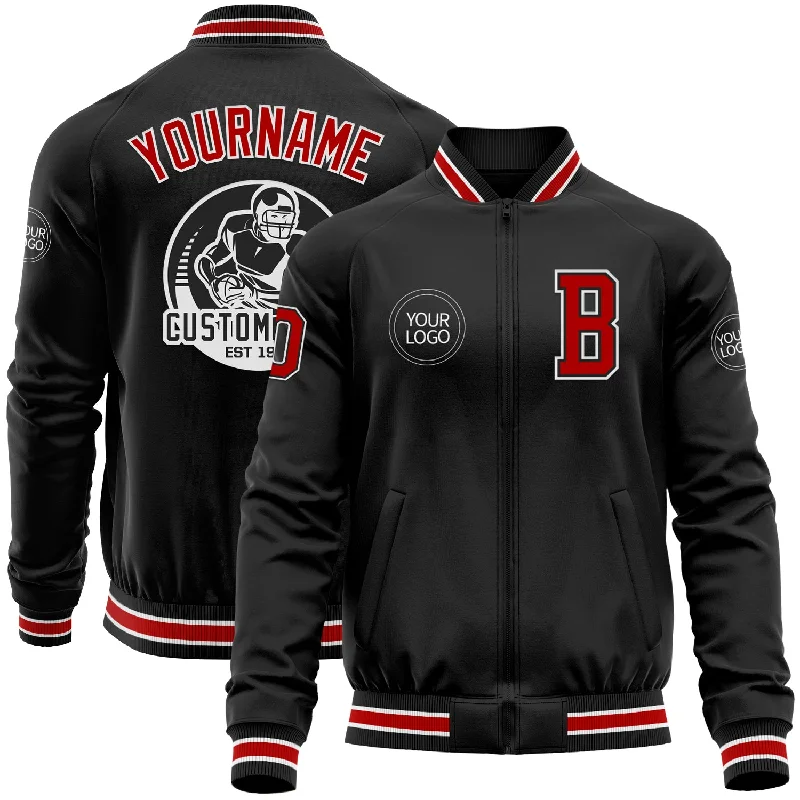 Casual Yet Sophisticated Unisex Fashion Street Chic Discounts Custom Black Red-White Bomber Varsity Letterman Zipper Jacket Casual Yet Sophisticated Unisex Fashion Street Chic Discounts Custom Black Red-White Bomber Varsity Letterman Zipper Jacket