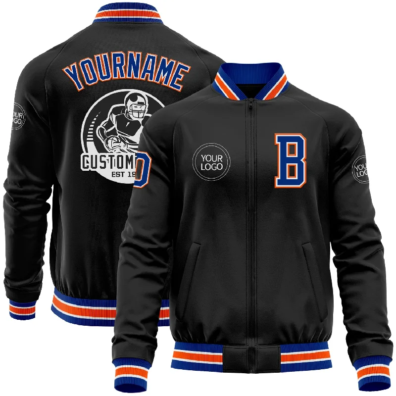 Unisex Everyday Fashion Essentials Fashionista Sale Custom Black Royal-Orange Bomber Varsity Letterman Zipper Jacket Unisex Everyday Fashion Essentials Fashionista Sale Custom Black Royal-Orange Bomber Varsity Letterman Zipper Jacket
