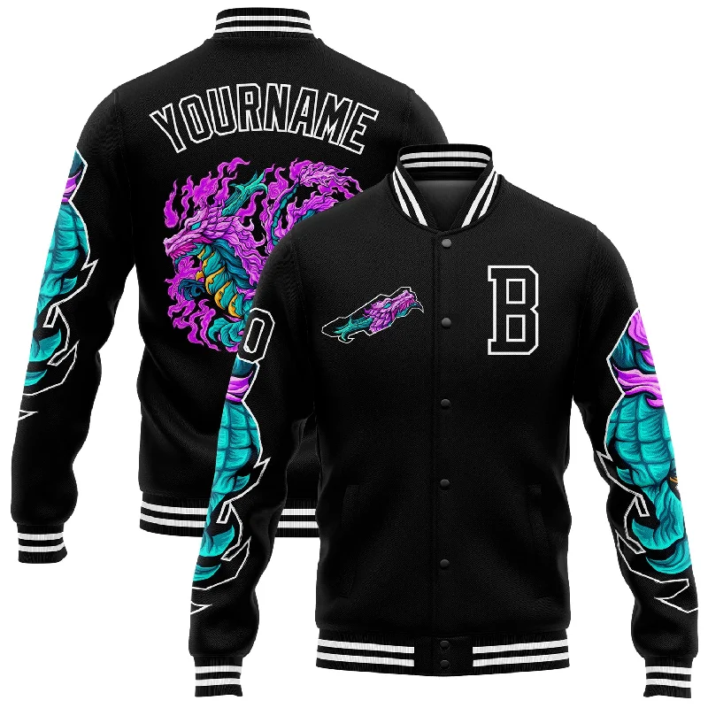 Modern Unisex Clothing For Any Occasion Casual Yet Chic Sales Custom Black White Dragon 3D Pattern Design Bomber Full-Snap Varsity Letterman Jacket