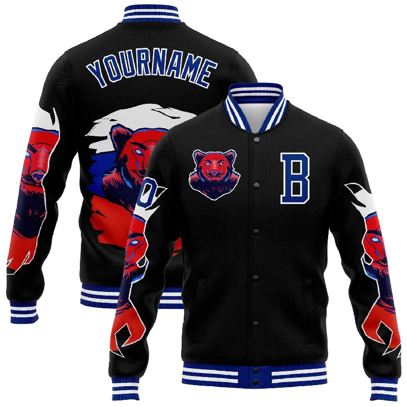 Minimalist Unisex Fashion Must-Haves Luxe Style Discounts Custom Black Royal-White Bear 3D Pattern Design Bomber Full-Snap Varsity Letterman Jacket