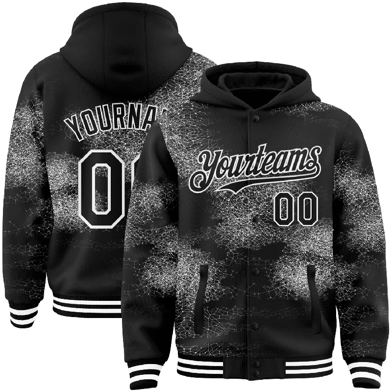 Minimalist Unisex Fashion Essentials Mega Sale Custom Black White Abstract Network 3D Pattern Design Bomber Full-Snap Varsity Letterman Hoodie Jacket