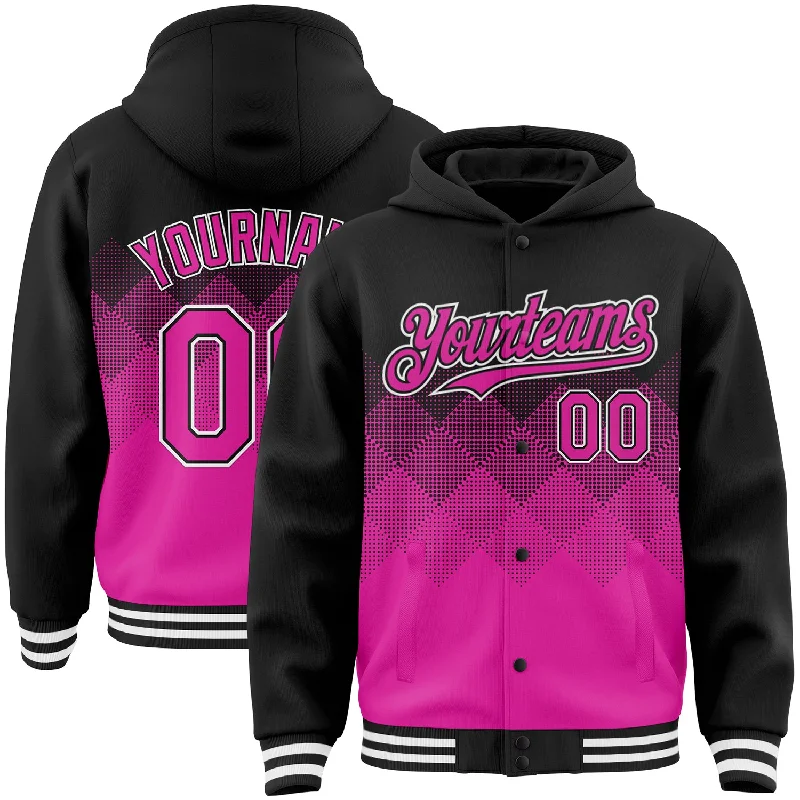 Comfortable And Stylish Unisex Outfits Special Offers Custom Black Deep Pink-White Gradient Square Shape 3D Pattern Design Bomber Full-Snap Varsity Letterman Hoodie Jacket