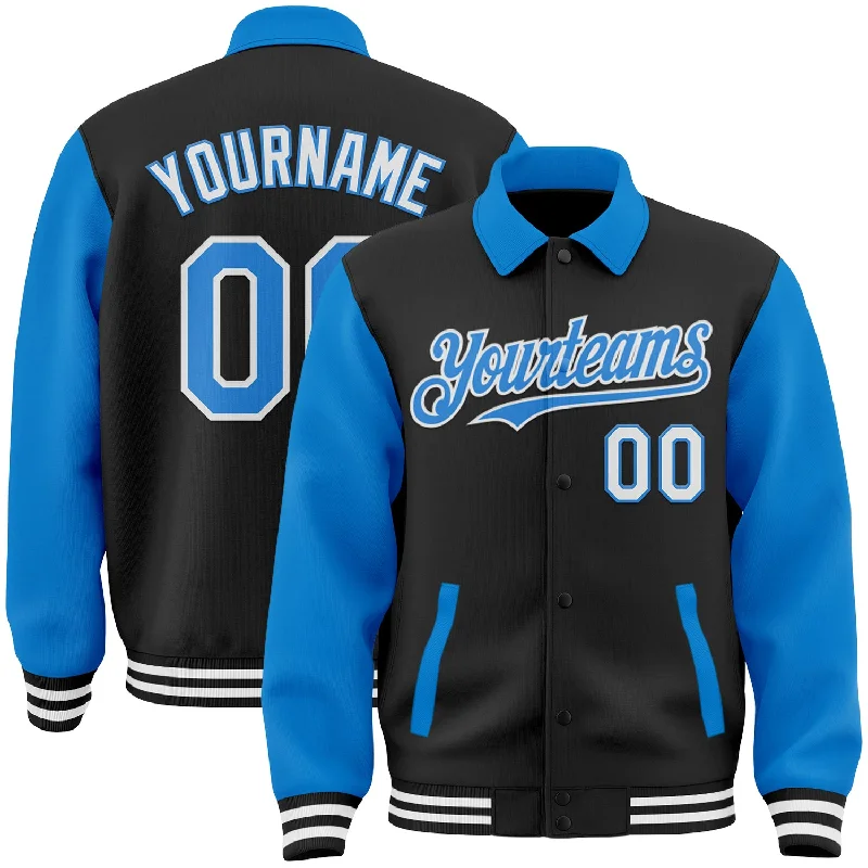 Unisex Casual Wear For All Seasons Limited Stock Custom Black Powder Blue-White Bomber Full-Snap Varsity Letterman Two Tone Lapel Collar Byron Jacket Unisex Casual Wear For All Seasons Limited Stock Custom Black Powder Blue-White Bomber Full-Snap Varsity Letterman Two Tone Lapel Collar Byron Jacket