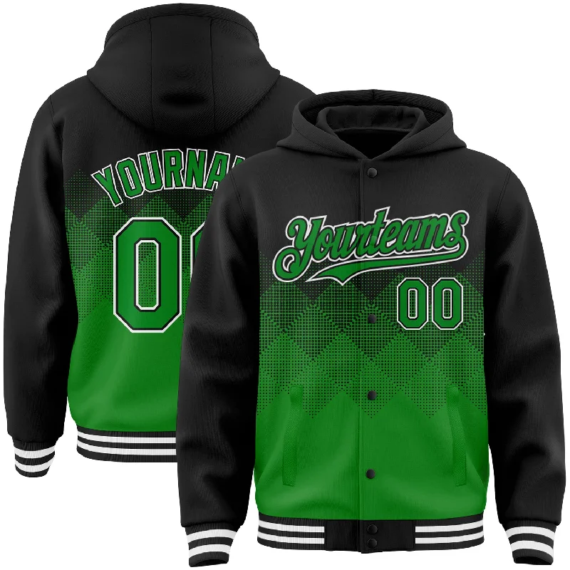 Oversized Unisex Apparel For Effortless Style New Arrivals Custom Black Grass Green-White Gradient Square Shape 3D Pattern Design Bomber Full-Snap Varsity Letterman Hoodie Jacket