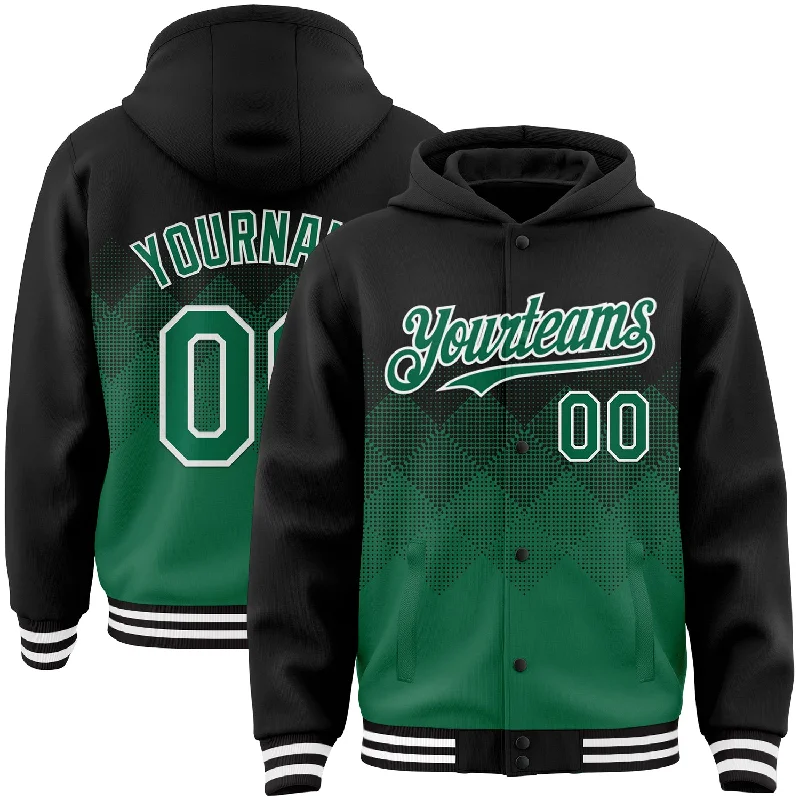 Gender-Neutral Trendy Clothing Styles Limited Time Offer Custom Black Kelly Green-White Gradient Square Shape 3D Pattern Design Bomber Full-Snap Varsity Letterman Hoodie Jacket