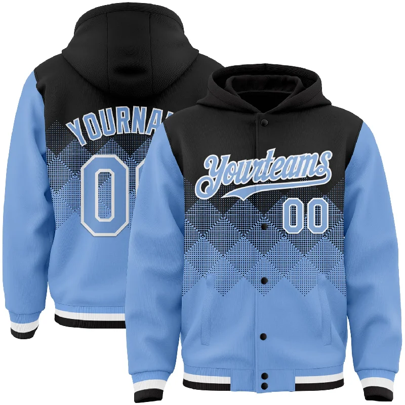 Unisex Everyday Fashion Essentials Huge Price Cut Custom Black Light Blue-White Gradient Square Shape 3D Pattern Design Bomber Full-Snap Varsity Letterman Hoodie Jacket