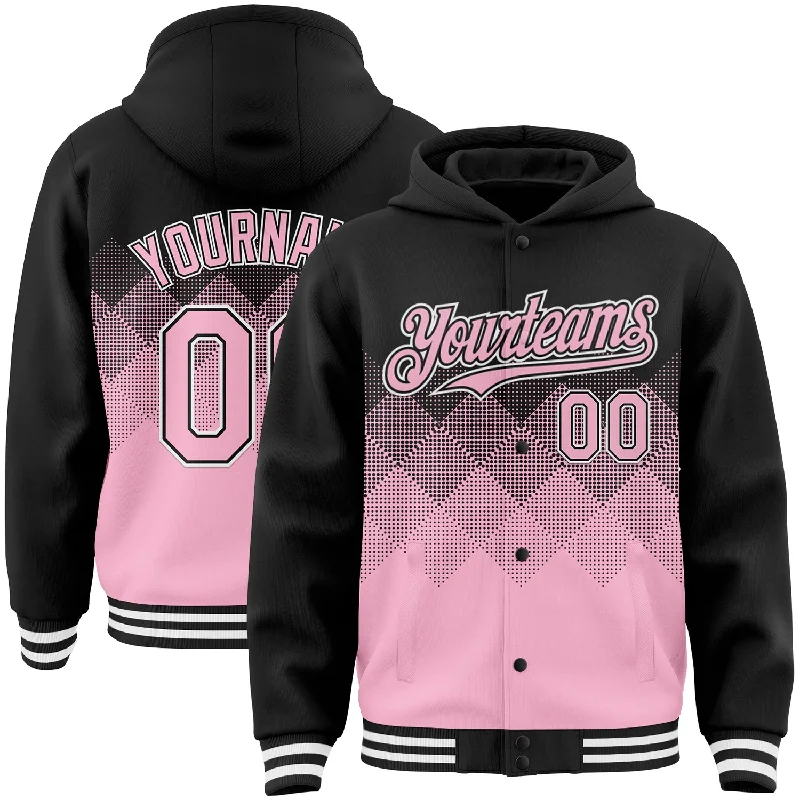 Versatile Gender-Free Wardrobe Essentials Hot Deals Custom Black Light Pink-White Gradient Square Shape 3D Pattern Design Bomber Full-Snap Varsity Letterman Hoodie Jacket