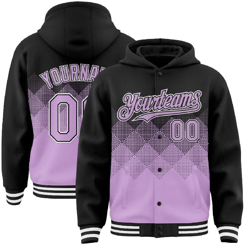 Fashion-Forward Unisex Apparel Shop The Hottest Deals Custom Black Light Purple-White Gradient Square Shape 3D Pattern Design Bomber Full-Snap Varsity Letterman Hoodie Jacket