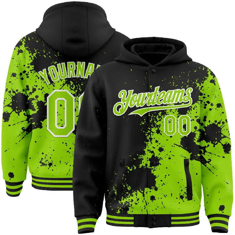 Comfortable And Stylish Unisex Outfits Chic And Trendy Custom Black Neon Green-White Abstract Splash Grunge Art 3D Pattern Design Bomber Full-Snap Varsity Letterman Hoodie Jacket