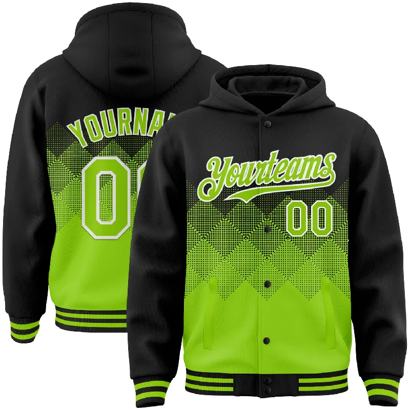 Chic And Casual Unisex Fashion Trends Crazy Price Slashing Custom Black Neon Green-White Gradient Square Shape 3D Pattern Design Bomber Full-Snap Varsity Letterman Hoodie Jacket