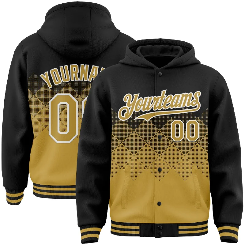 High-Quality Unisex Basics For All Occasions Crazy Discounts, Hurry Up Custom Black Old Gold-White Gradient Square Shape 3D Pattern Design Bomber Full-Snap Varsity Letterman Hoodie Jacket