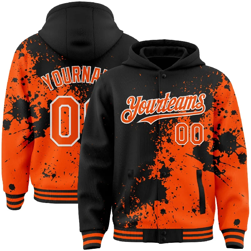 High-Quality Unisex Fashion Basics Special Offer For You Custom Black Orange-White Abstract Splash Grunge Art 3D Pattern Design Bomber Full-Snap Varsity Letterman Hoodie Jacket