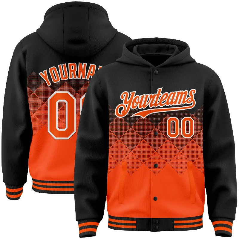 Unisex Casual Fashion Trends Flash Sale, Don'T Miss Custom Black Orange-White Gradient Square Shape 3D Pattern Design Bomber Full-Snap Varsity Letterman Hoodie Jacket