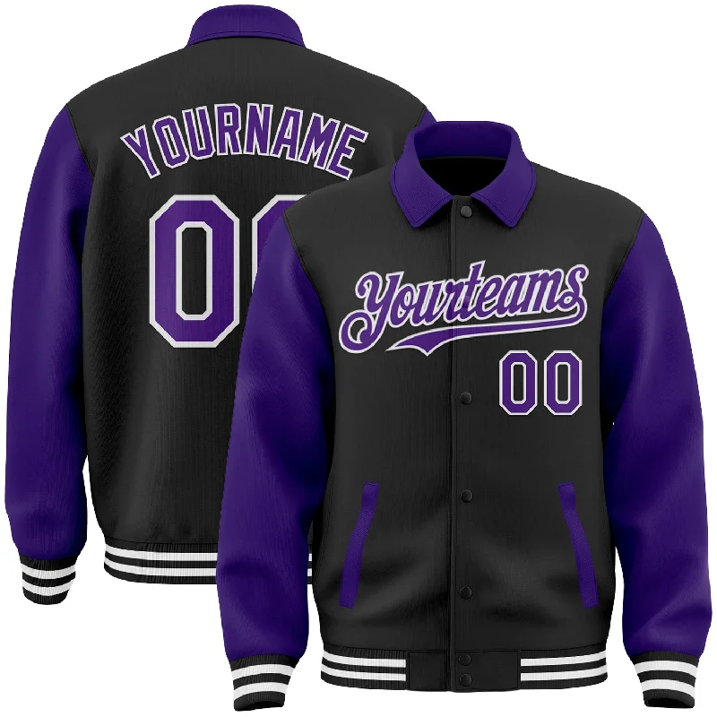 Relaxed-Fit Unisex Clothing Options Vintage-Inspired Style Offers Custom Black Purple-White Bomber Full-Snap Varsity Letterman Two Tone Lapel Collar Byron Jacket Relaxed-Fit Unisex Clothing Options Vintage-Inspired Style Offers Custom Black Purple-White Bomber Full-Snap Varsity Letterman Two Tone Lapel Collar Byron Jacket
