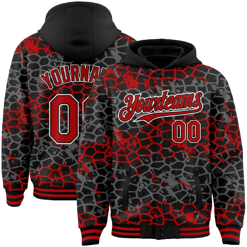 Casual Yet Sophisticated Unisex Fashion Quick Grab Deals Custom Black Red-White Abstract Network 3D Pattern Design Bomber Full-Snap Varsity Letterman Hoodie Jacket