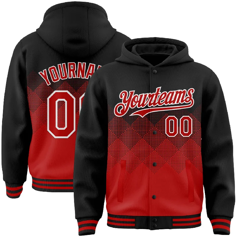 Versatile Unisex Layering Pieces Huge Discounts This Week Custom Black Red-White Gradient Square Shape 3D Pattern Design Bomber Full-Snap Varsity Letterman Hoodie Jacket