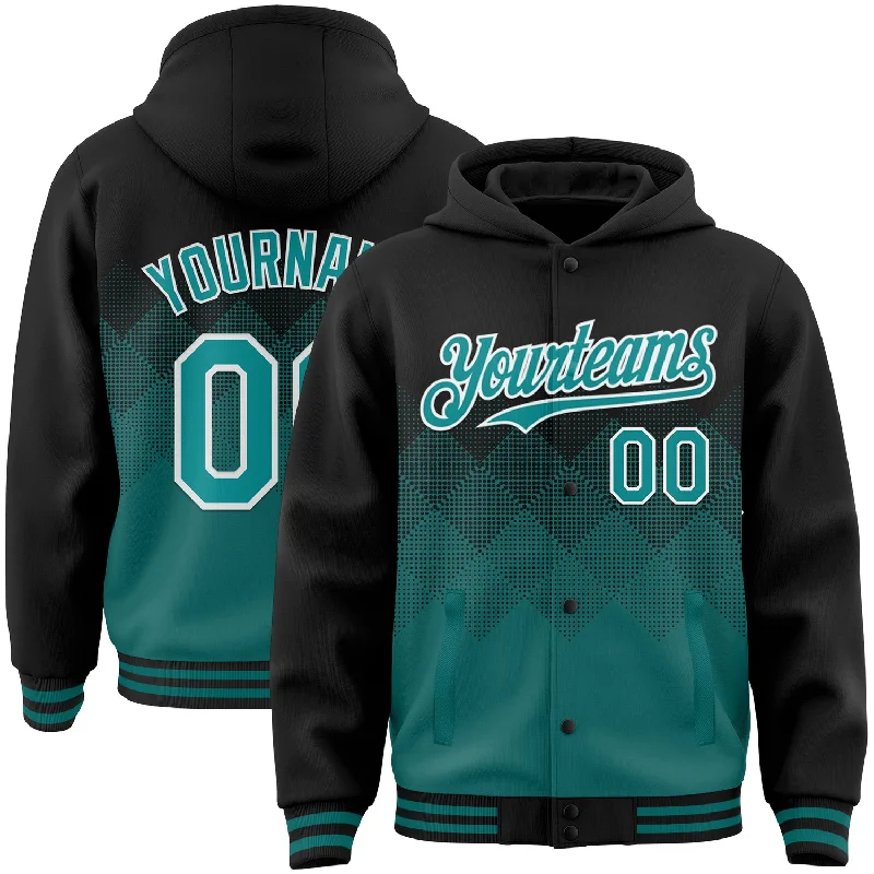 Effortless And Modern Unisex Dressing Stupidly Low Prices Custom Black Teal-White Gradient Square Shape 3D Pattern Design Bomber Full-Snap Varsity Letterman Hoodie Jacket