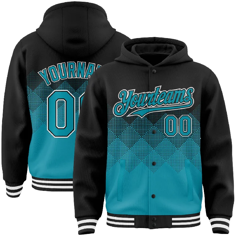 Breathable And Lightweight Unisex Wear Must Haves Custom Black Teal-White Gradient Square Shape 3D Pattern Design Bomber Full-Snap Varsity Letterman Hoodie Jacket