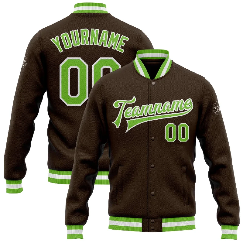 Unisex Casual Fashion Trends Trendy Street Style Custom Brown Neon Green-White Bomber Full-Snap Varsity Letterman Jacket