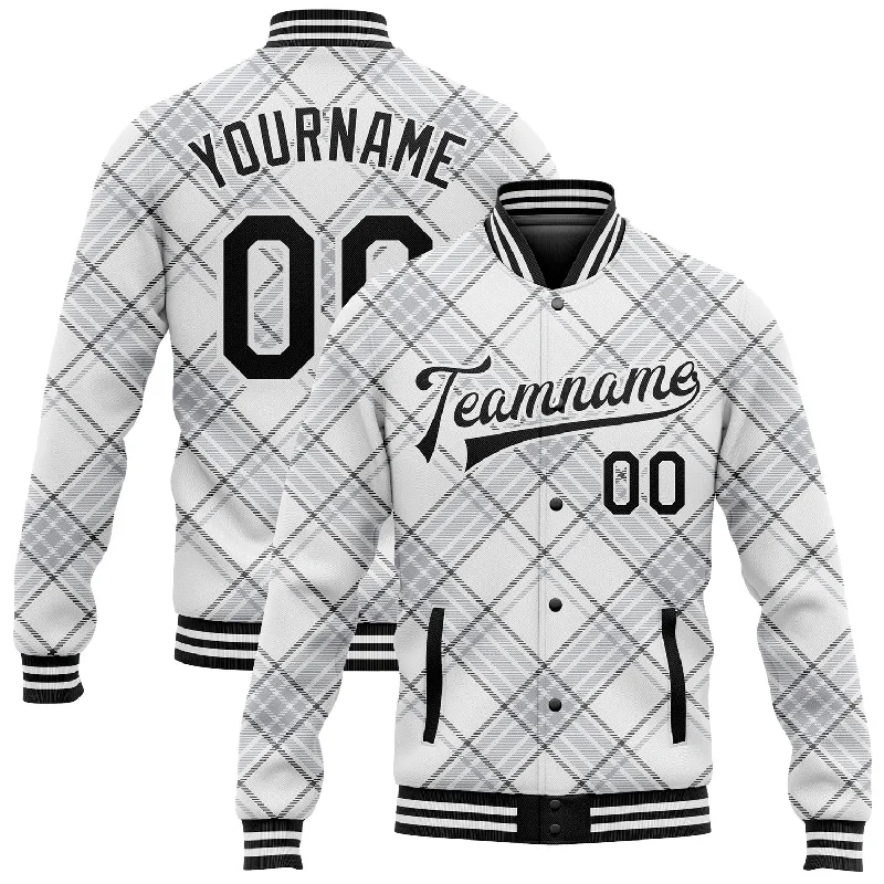 Minimalist Unisex Fashion Must-Haves Best-Sellers Custom White Black Check Board 3D Pattern Design Bomber Full-Snap Varsity Letterman Jacket