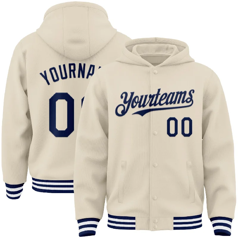 Classic And Timeless Gender-Neutral Fashion Durable Fashion Picks Custom Cream Navy-White Bomber Full-Snap Varsity Letterman Hoodie Jacket