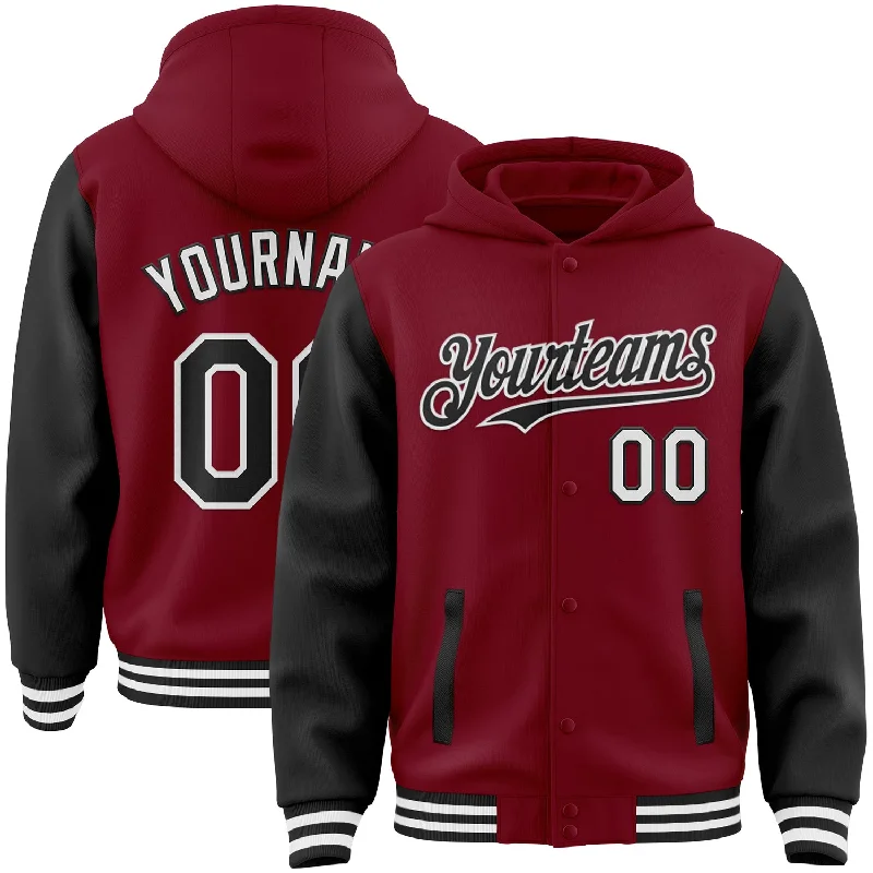 Relaxed-Fit Unisex Fashion For All-Day Comfort Top Brand Discounts Custom Crimson Black-White Bomber Full-Snap Varsity Letterman Two Tone Hoodie Jacket Relaxed-Fit Unisex Fashion For All-Day Comfort Top Brand Discounts Custom Crimson Black-White Bomber Full-Snap Varsity Letterman Two Tone Hoodie Jacket