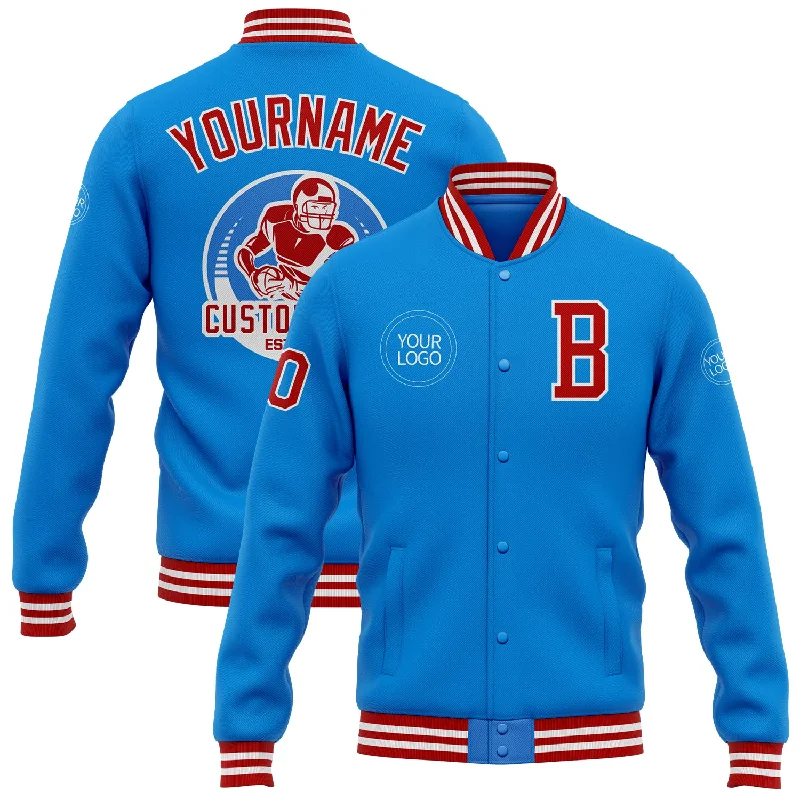 Versatile Unisex Layering Pieces Find Your Unique Flair Custom Powder Blue Red-White Bomber Full-Snap Varsity Letterman Jacket