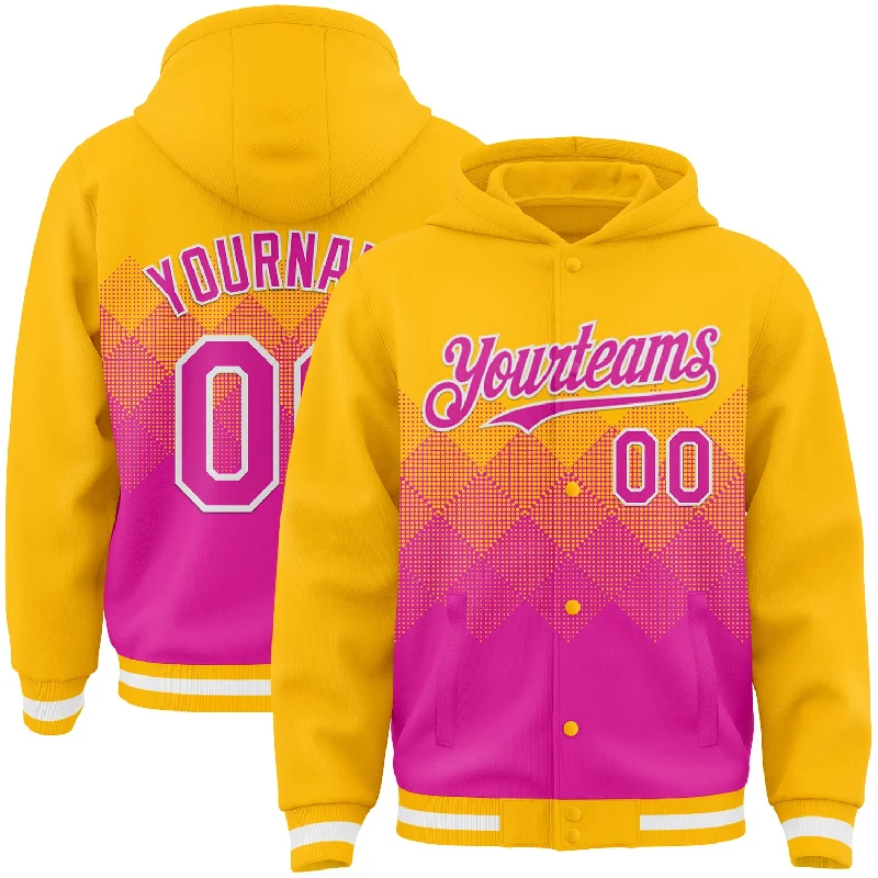 Modern Unisex Wardrobe Staples Daring Fashion Promotions Custom Gold Deep Pink-White Gradient Square Shape 3D Pattern Design Bomber Full-Snap Varsity Letterman Hoodie Jacket