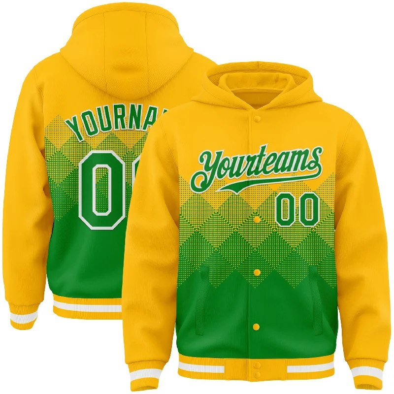 Contemporary Gender-Free Clothing Styles Contemporary Chic Promotions Custom Gold Grass Green-White Gradient Square Shape 3D Pattern Design Bomber Full-Snap Varsity Letterman Hoodie Jacket