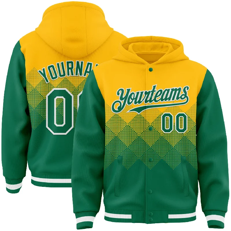 Unisex Casual Wear For All Seasons Sleek Style Discounts Custom Gold Kelly Green-White Gradient Square Shape 3D Pattern Design Bomber Full-Snap Varsity Letterman Hoodie Jacket