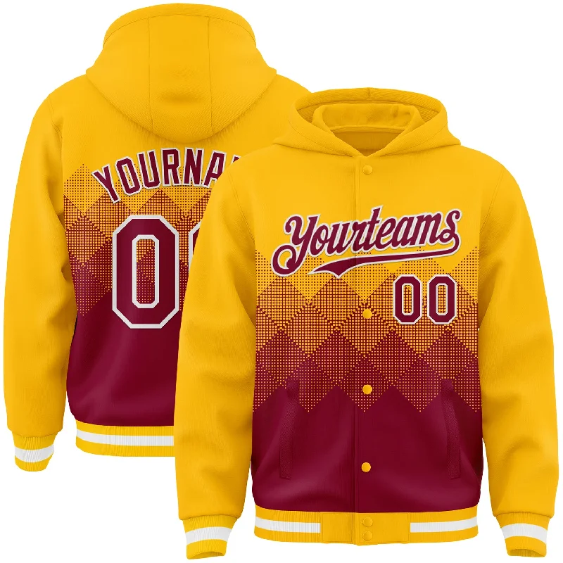 Gender-Neutral Clothing Styles Retro Style Promotions Custom Gold Maroon-White Gradient Square Shape 3D Pattern Design Bomber Full-Snap Varsity Letterman Hoodie Jacket