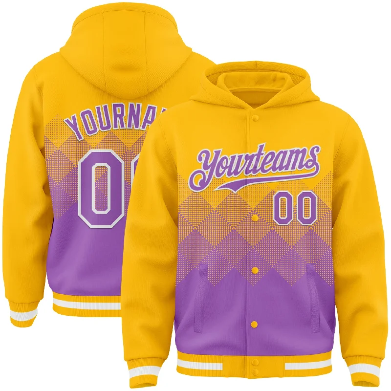 Comfortable Unisex Streetwear Classic Chic Deals Custom Gold Medium Purple-White Gradient Square Shape 3D Pattern Design Bomber Full-Snap Varsity Letterman Hoodie Jacket