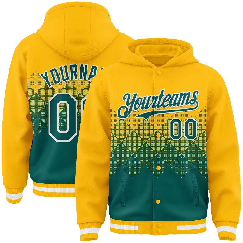 Trendy Unisex Classy Style Discounts Custom Gold Midnight Green-White Gradient Square Shape 3D Pattern Design Bomber Full-Snap Varsity Letterman Hoodie Jacket