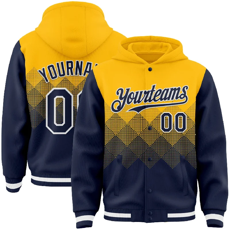 Comfortable And Stylish Unisex Outfits Polished Style Deals Custom Gold Navy-White Gradient Square Shape 3D Pattern Design Bomber Full-Snap Varsity Letterman Hoodie Jacket