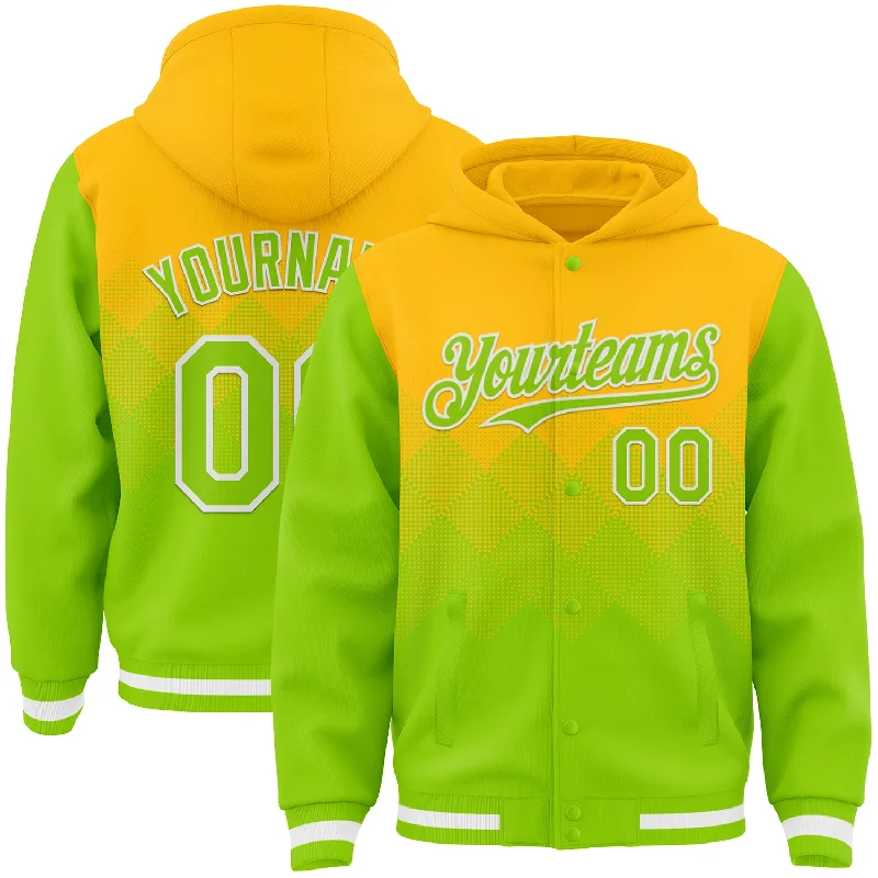 Versatile Clothing For All Genders Urban Elegance Deals Custom Gold Neon Green-White Gradient Square Shape 3D Pattern Design Bomber Full-Snap Varsity Letterman Hoodie Jacket