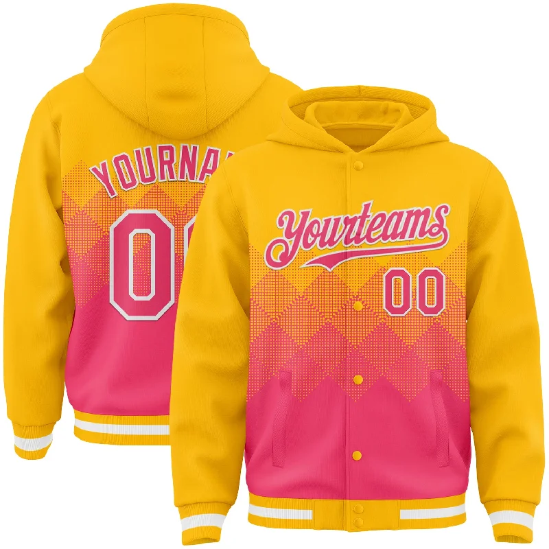 Oversized Unisex Fashion Pieces Exclusive Designer Style Deals Custom Gold Neon Pink-White Gradient Square Shape 3D Pattern Design Bomber Full-Snap Varsity Letterman Hoodie Jacket