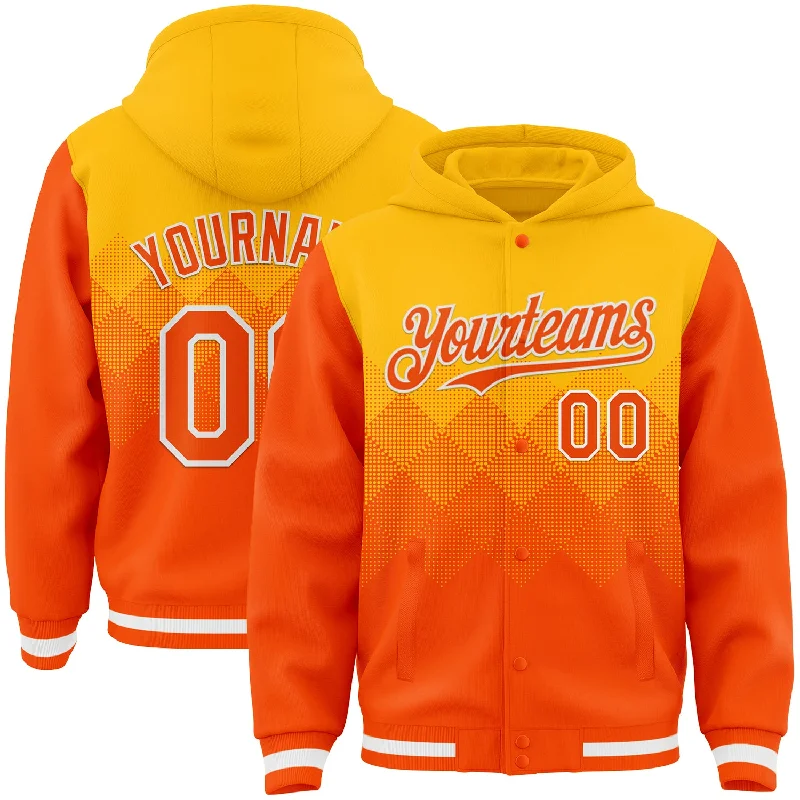 Versatile Gender-Free Wardrobe Essentials Vintage-Modern Style Offers Custom Gold Orange-White Gradient Square Shape 3D Pattern Design Bomber Full-Snap Varsity Letterman Hoodie Jacket