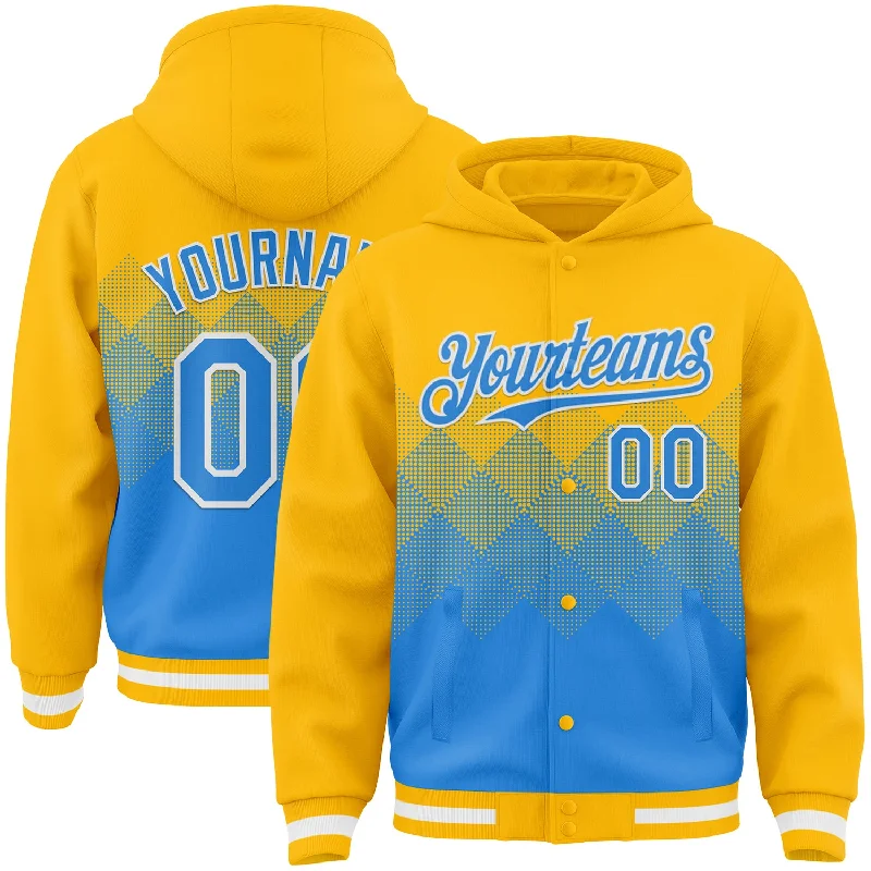 Soft And Breathable Unisex Loungewear Street Chic Discounts Custom Gold Powder Blue-White Gradient Square Shape 3D Pattern Design Bomber Full-Snap Varsity Letterman Hoodie Jacket