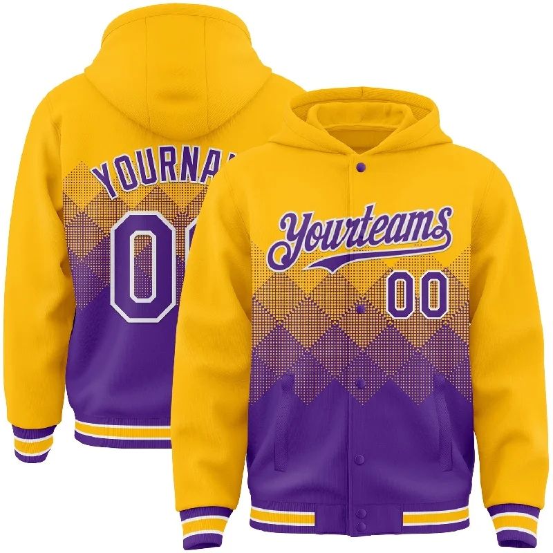 Oversized Unisex Apparel For Effortless Style Feminine Luxe Style Sale Custom Gold Purple-White Gradient Square Shape 3D Pattern Design Bomber Full-Snap Varsity Letterman Hoodie Jacket