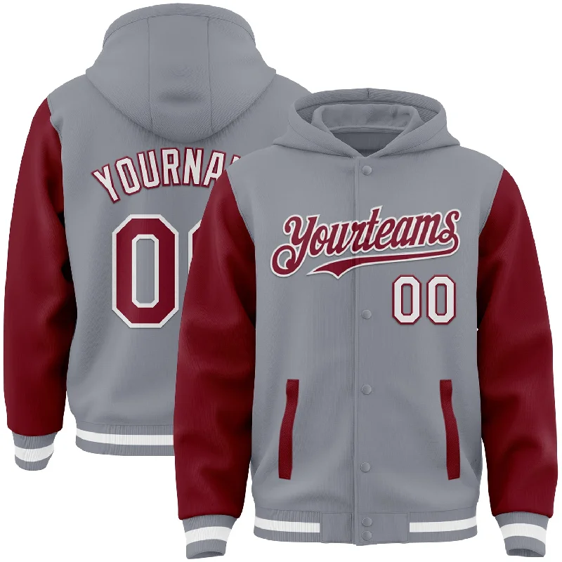 Contemporary Gender-Free Clothing Styles Bid Farewell To The Old Season Custom Gray Crimson-White Bomber Full-Snap Varsity Letterman Two Tone Hoodie Jacket