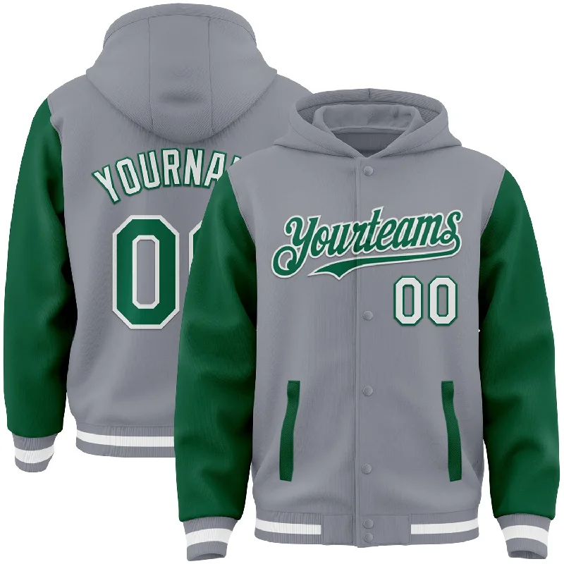 Functional And Stylish Unisex Outerwear Chic & Cozy Collection Custom Gray Kelly Green-White Bomber Full-Snap Varsity Letterman Two Tone Hoodie Jacket