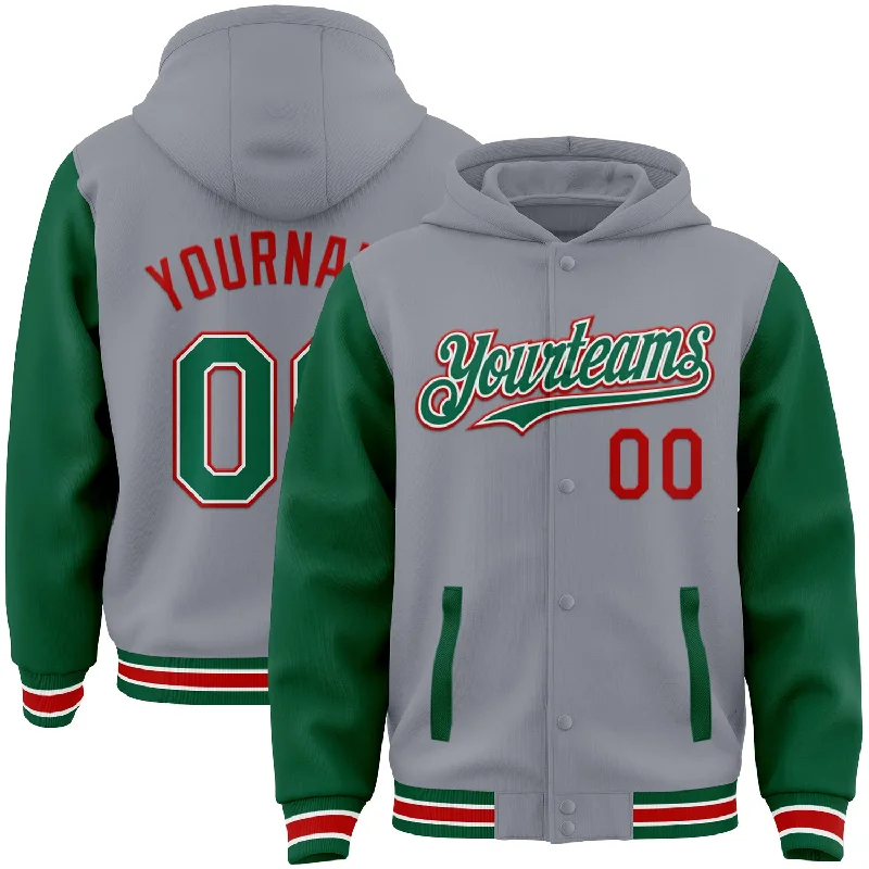 Breathable And Lightweight Unisex Wear Unleash Your Style Custom Gray Kelly Green-Red Bomber Full-Snap Varsity Letterman Two Tone Hoodie Jacket