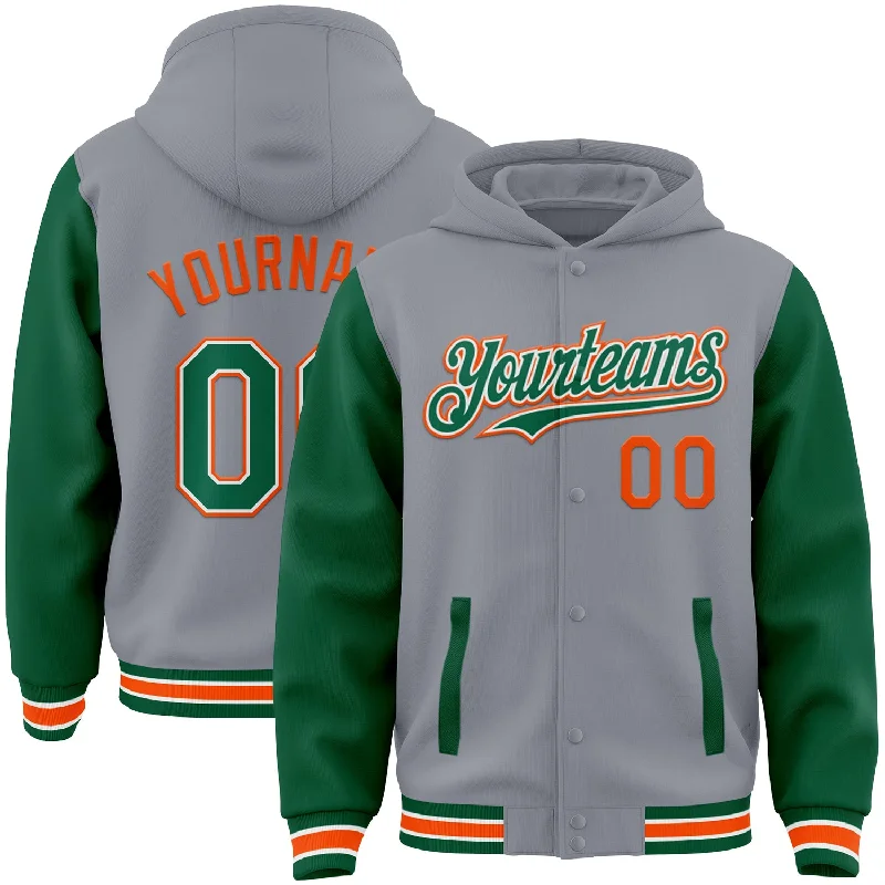 Minimalist Unisex Fashion Must-Haves Style Revolution Custom Gray Kelly Green-Orange Bomber Full-Snap Varsity Letterman Two Tone Hoodie Jacket