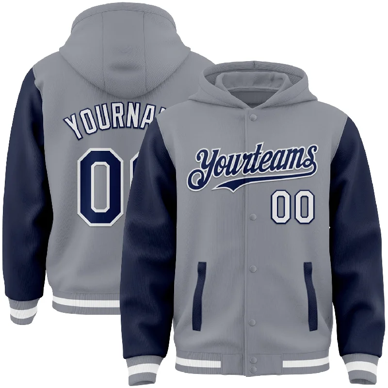 Versatile Gender-Free Wardrobe Essentials Fashion Frontiers Custom Gray Navy-White Bomber Full-Snap Varsity Letterman Two Tone Hoodie Jacket