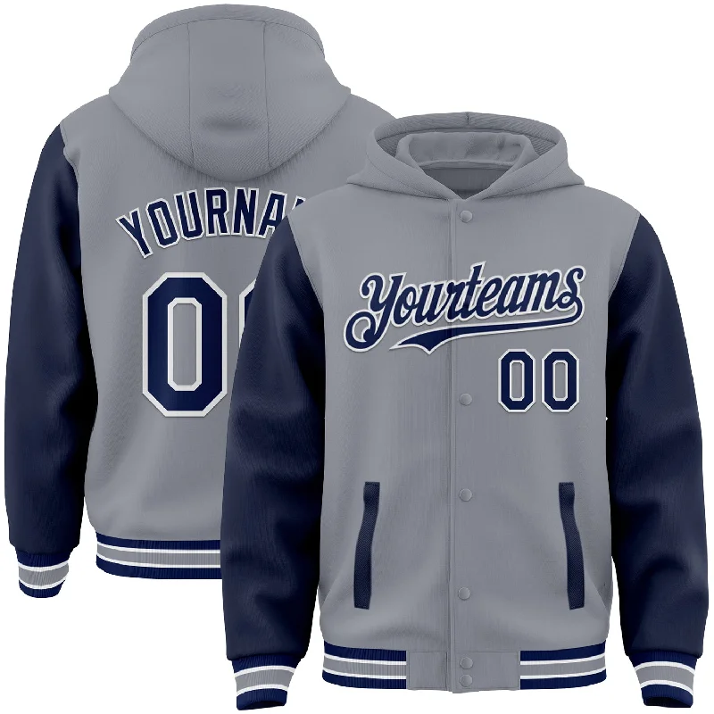 High-Quality Unisex Fashion Basics Snag Fabulous Fashion Bargains Custom Gray Navy-White Bomber Full-Snap Varsity Letterman Two Tone Hoodie Jacket