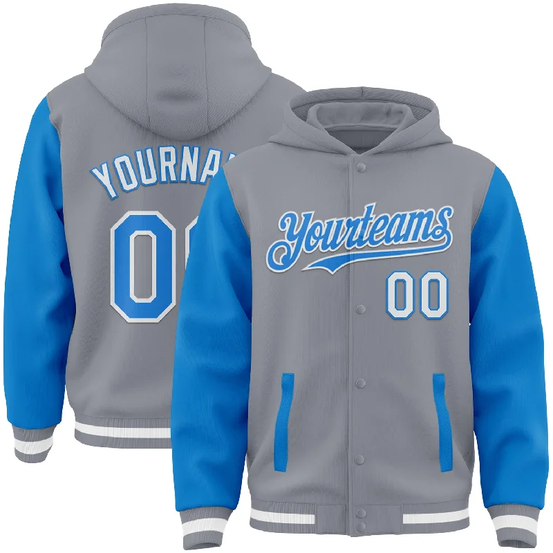 Oversized Unisex Apparel For Effortless Style Get The Latest Trends Custom Gray Powder Blue-White Bomber Full-Snap Varsity Letterman Two Tone Hoodie Jacket