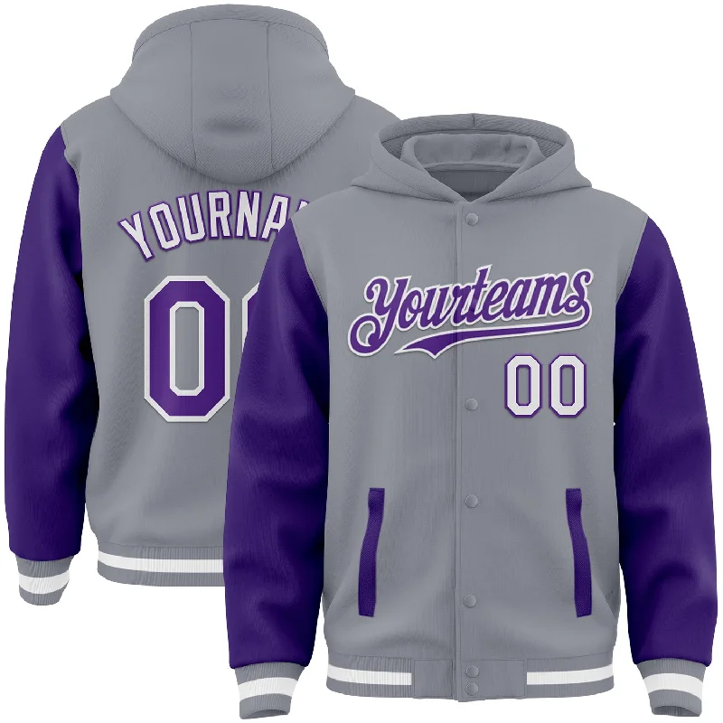 Sustainable Gender-Neutral Apparel The Latest Trends Custom Gray Purple-White Bomber Full-Snap Varsity Letterman Two Tone Hoodie Jacket