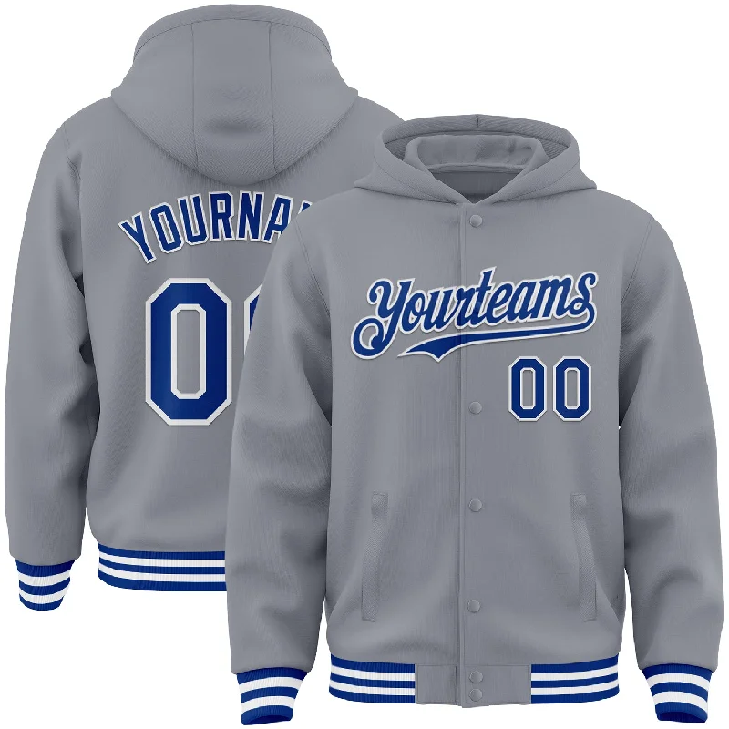 Fashion-Forward Unisex Apparel Essentials On Sale Custom Gray Royal-White Bomber Full-Snap Varsity Letterman Hoodie Jacket