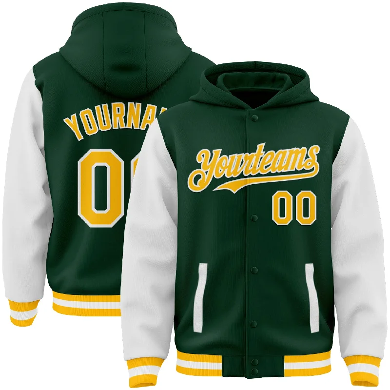 Unisex Casual Fashion Trends Hot Items Custom Green Gold-White Bomber Full-Snap Varsity Letterman Two Tone Hoodie Jacket Unisex Casual Fashion Trends Hot Items Custom Green Gold-White Bomber Full-Snap Varsity Letterman Two Tone Hoodie Jacket